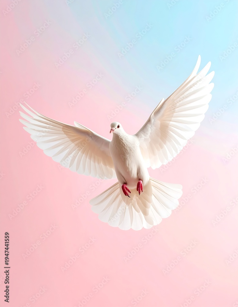 Fototapeta premium A white dove in flight against a pastel pink and blue gradient background