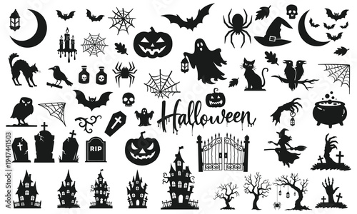 Bild auf Leinwand Huge Halloween Silhouettes Vector Collection - Haunted House, Creepy Tree, Flyin