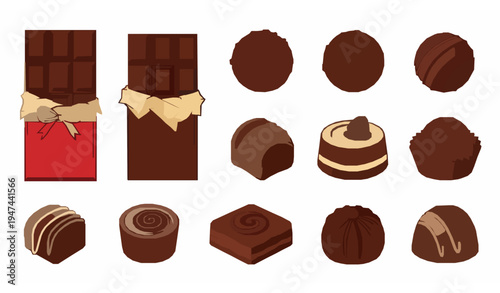 Chocolate set vector with bars truffles pralines and gourmet handmade sweets