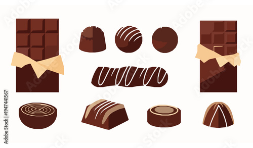 Gourmet chocolate vector set with truffles bars pralines and cocoa sweets