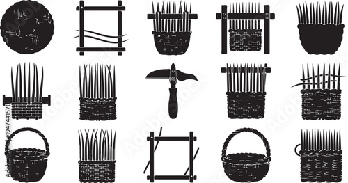 Black and white illustration of various weaving tools set
