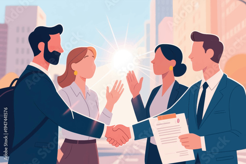 Business professionals outdoors in cityscape, two men shaking hands with contract document, colleagues supportive nearby, stylized vector illustration of partnership and collaboration.