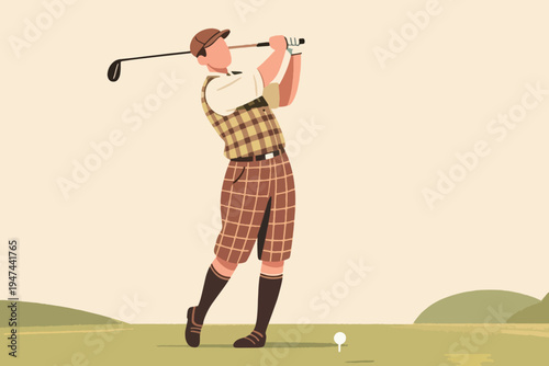 Golfer in vintage attire with checkered vest, knickerbockers and flat cap swinging club on stylized course with hills, nostalgic vector illustration of classic golf lifestyle.