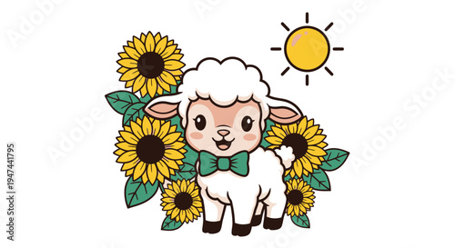 Cute Lamb with Bow Tie Surrounded by Sunflowers Illustration.