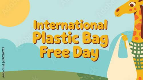 Cheerful giraffe cartoon holding a tote bag for Plastic Bag Free Day