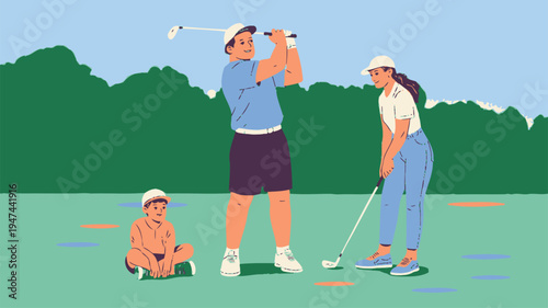 Family enjoying golf together on a sunny outdoor course with green trees