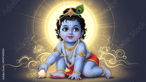 Baby Krishna Hindu mythology mystical glowing aura divine for spirituality