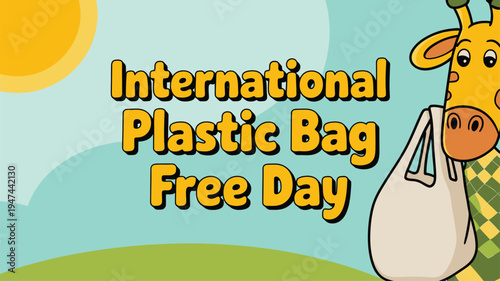 Happy giraffe holds a cream reusable bag for Plastic Bag Free Day