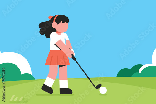 Cartoon golfer in white shirt and red skirt preparing to hit ball on grassy field under bright blue sky, stylized vector illustration of outdoor sport and leisure.