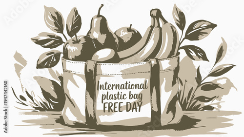 Illustrated reusable tote bag filled with fresh produce for plastic free day