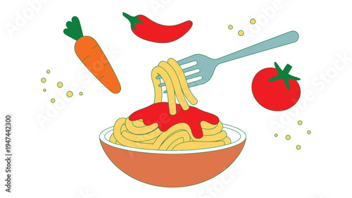 Italian spaghetti dish with red sauce fork and fresh vegetables