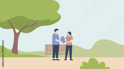 Man and woman exchange a smooth oval object in an outdoor park setting