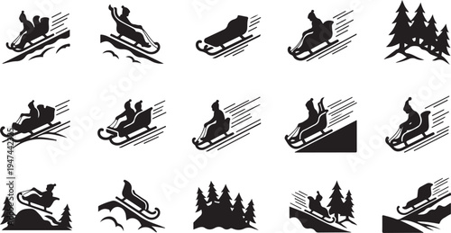 Snowmobile Racing Silhouette Icons Set for Winter Sports Design