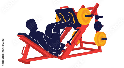 Muscular man silhouette performing heavy leg press exercise using gym machine vector illustration design