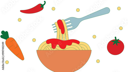 Minimal illustration of pasta with red sauce on a fork and vegetables