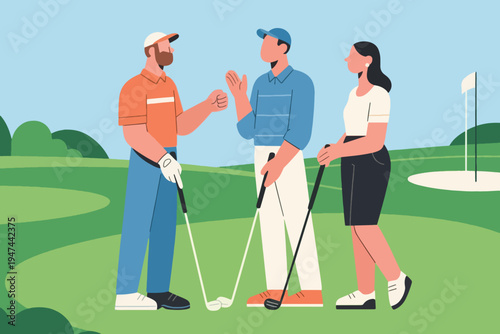 Three golfers standing on course with clubs, talking near sand bunker and flag, stylized vector illustration of outdoor sport, leisure and camaraderie.