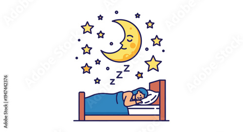 Minimalist vector illustration depicting a peaceful woman sleeping soundly under a crescent moon and stars