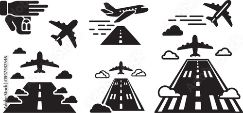 Airplanes Taking Off and Landing on Runways with Clouds