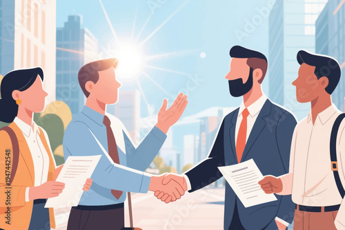 Four business professionals outdoors in cityscape, two shaking hands with documents while colleagues observe, stylized vector illustration of corporate partnership and collaboration.