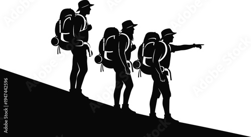 hiking backpacker silhouette group, mountain trekking adventure, hikers climbing hill illustration, outdoor travel exploration, camping trekking vector design