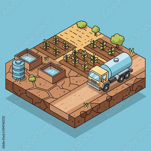 An isometric illustration of a parched farm with water tanks and a tanker truck.