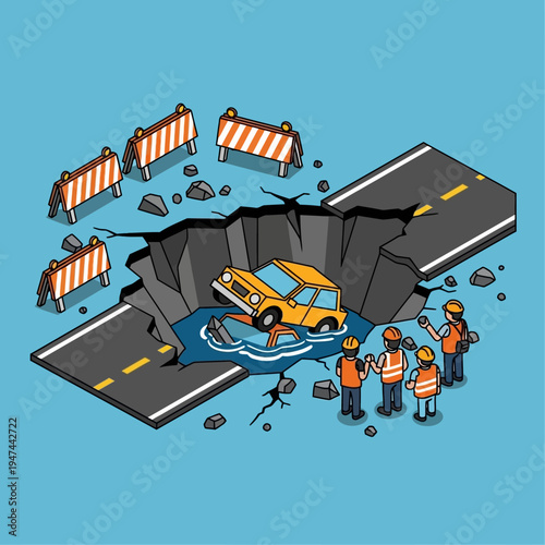 A car has fallen into a sinkhole on a damaged road, with workers observing.