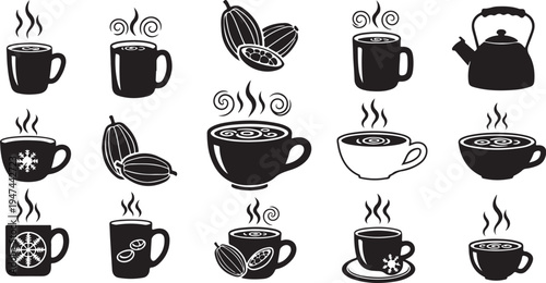Black and white coffee cup icons with steam rising