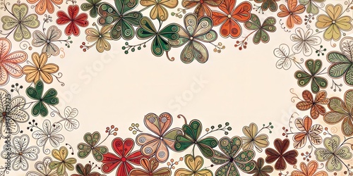 A hand-drawn doodle illustration of a clover and shamrock border. Decorative floral frame with autumn colors. Whimsical background with copy space