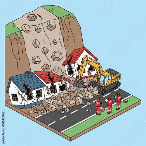 Illustration depicting a landslide destroying houses and a road, with rescue workers and machinery.