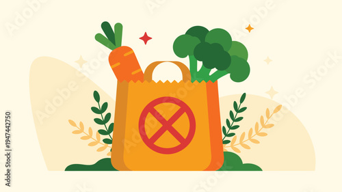 Paper shopping bag with fresh produce and no plastic sign