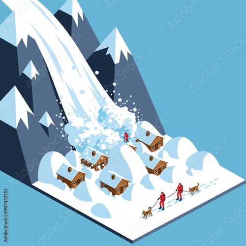 An illustration depicting an avalanche descending upon a village in a mountainous region.
