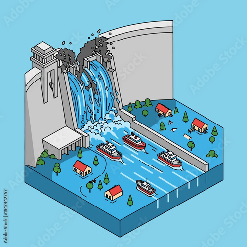 Принти на полотні Isometric illustration depicting a dam breaking, causing flooding and impacting the surrounding area