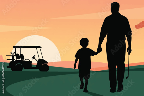 Silhouette of adult and child walking hand in hand on golf course at sunset with club and cart, stylized vector illustration of family bonding and outdoor leisure.
