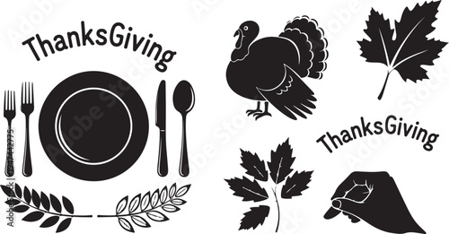 Thanksgiving Celebration Symbols and Icons in Black and White