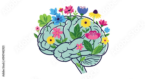 Vector graphic illustration of a human brain sprouting colorful flowers and green leaves, symbolizing mental health and growth.