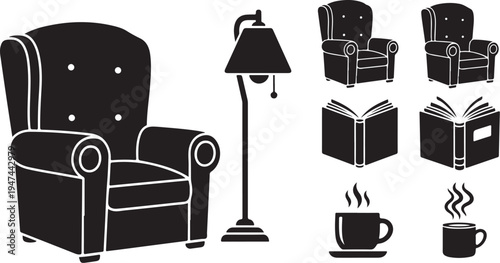 Cozy reading nook with chair, lamp, and books illustration