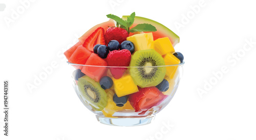 A vibrant vector illustration of a refreshing fruit salad in a glass bowl, perfect for healthy eating designs.