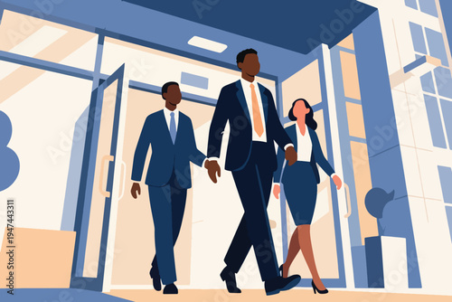 Three business professionals walking confidently out of modern office building with glass doors, two men in suits and woman in skirt suit, stylized vector illustration of corporate lifestyle.