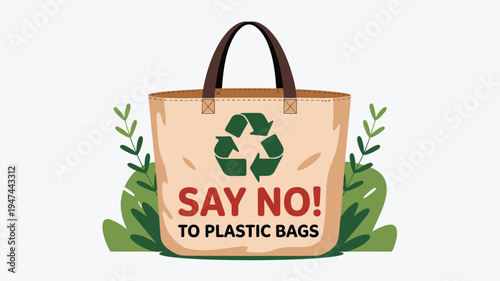 Reusable grocery bag with recycling symbol for refusing plastic bags