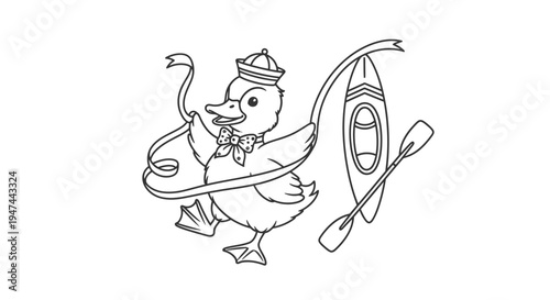 Duckling Sailor with Kayak - A Nautical Adventure in Black and White.