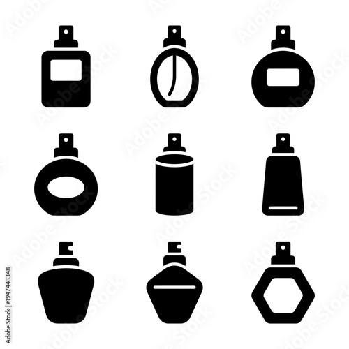 Set of black perfume bottle silhouette glyph icons in various shapes.