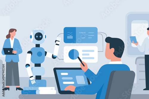 Humans and humanoid robot collaborating in futuristic office with touchscreen and digital interface, stylized vector illustration of AI, technology and teamwork.