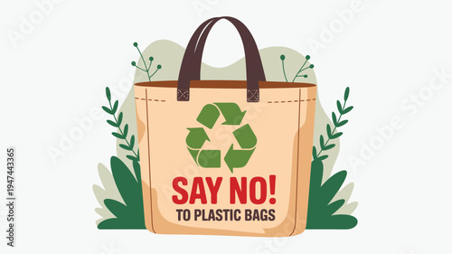 Reusable shopping bag with recycle symbol says no to plastic bags