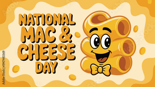 Smiling cartoon macaroni noodles character celebrating National Mac and Cheese Day
