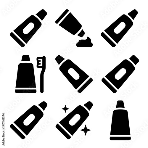 Toothpaste tube and toothbrush solid glyph icon set for dental care and oral hygiene.