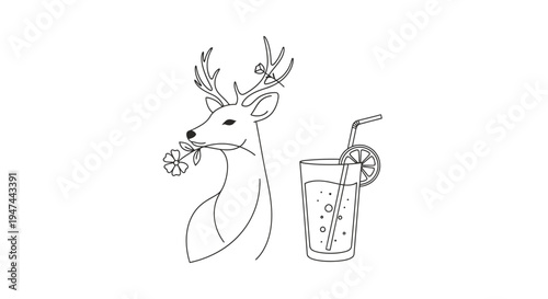 Elegant Deer with Flower and Refreshing Drink Line Art.