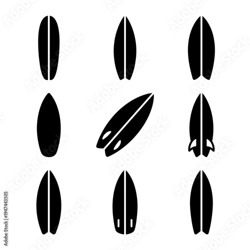 Set of nine black surfboard silhouette vector icons on a white background.