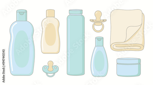 Assorted Personal Care Bottles and Essentials Arrangement. Vector Illustrations. EPS Editable