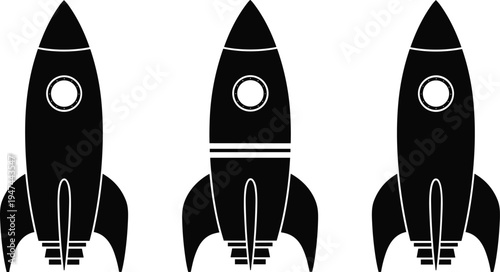 rocket ship icon set, space launch vehicle silhouettes, retro rocket symbols, startup launch concept, vector illustration isolated