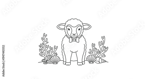 Elegant Lamb with Bowtie in a Detailed Line Art Illustration.